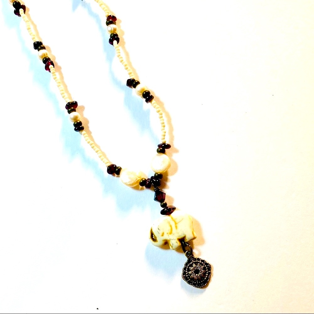 Handmade Garnet and White Pearl Elephant Statement Necklace